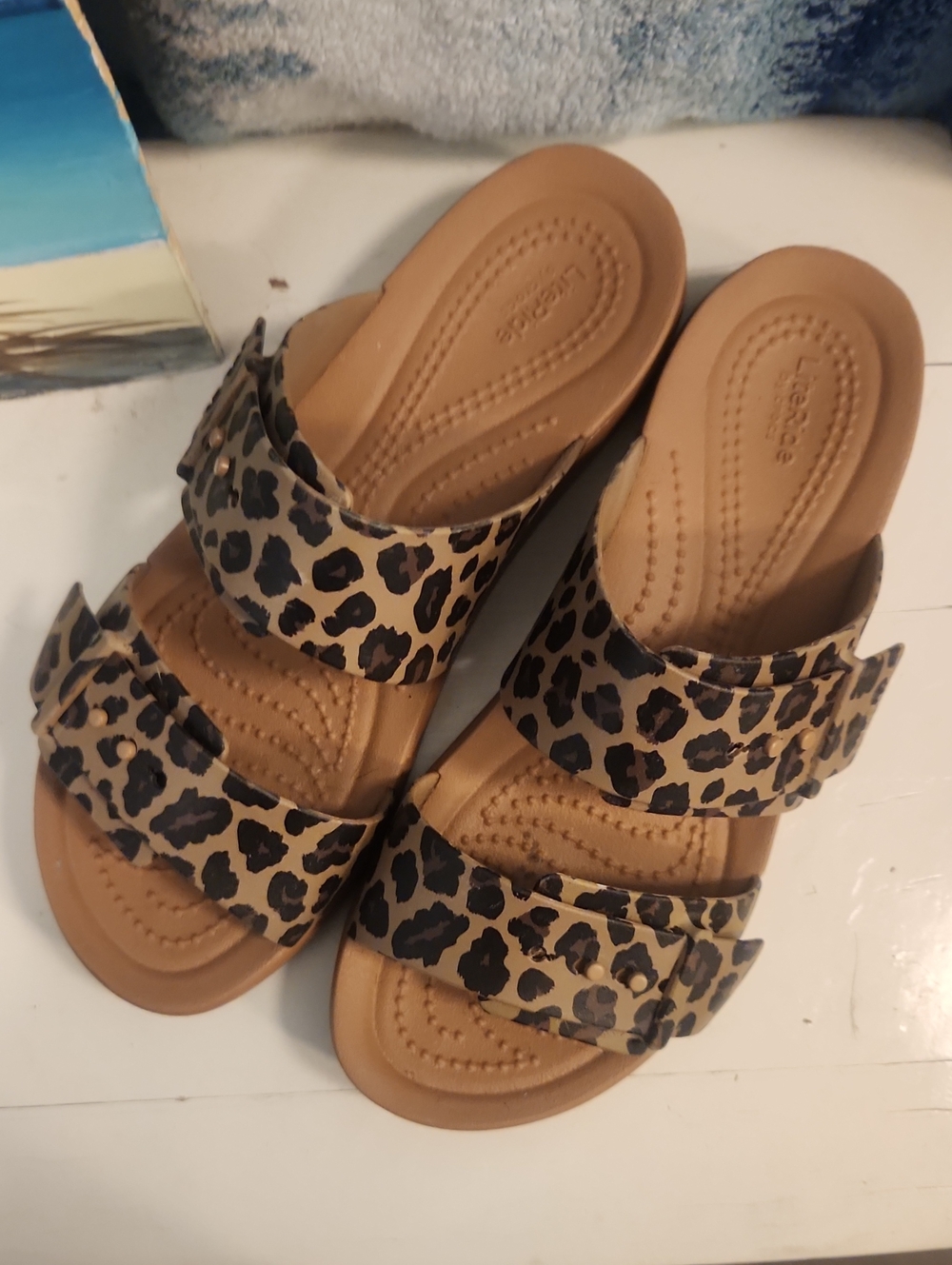CROCS Women's Leopard Print Tan Slide Sandals